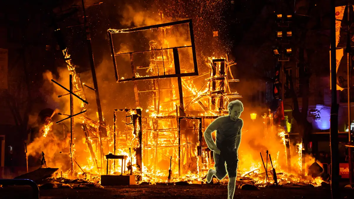 A man escaping a Burning Building